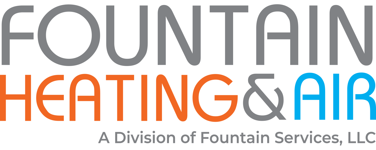 Fountain Heating & Air logo featuring gray, orange, and blue typography, identifying the company as a division of Fountain Services, LLC.